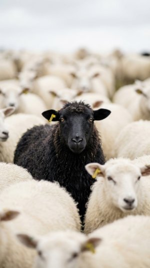 Schwarzes Schaf inmitten einer Gruppe weisser Schafe