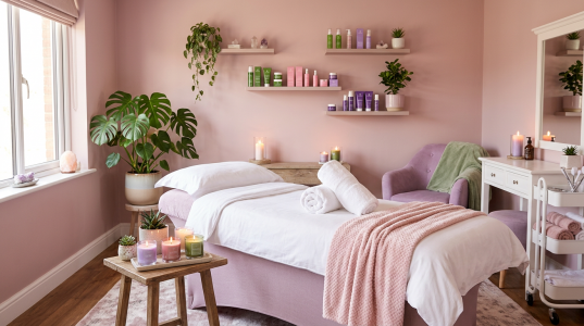 WohlFeelZimmer - gemütliche vorbereiteter Kosmetikraum mit Liege, Kerzen, Produkten, Sessel, alles in rosa, lila und grün